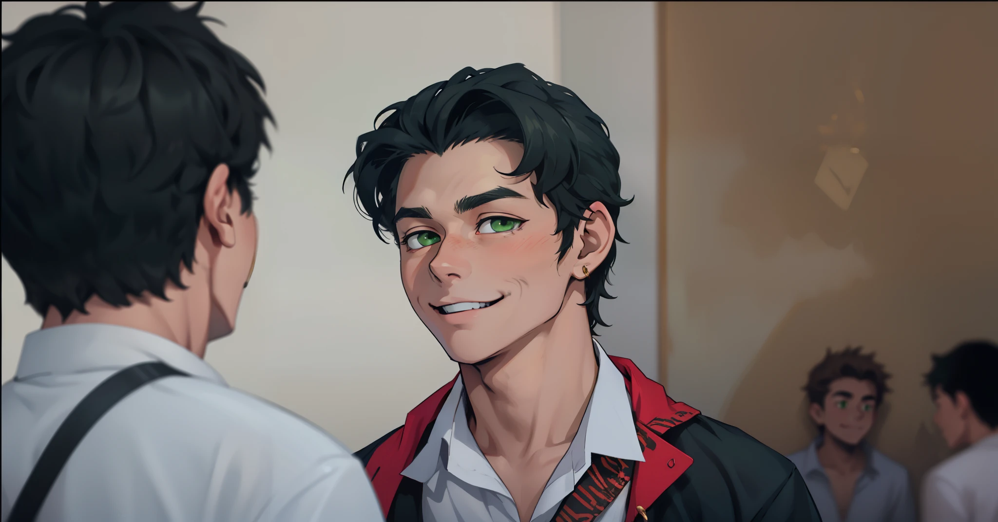cute 18 year old boy, green eyes, mischievous smile, he is happy because he saw someone he likes, he has golden jewelry, golden bracelets, white shirt with gold color