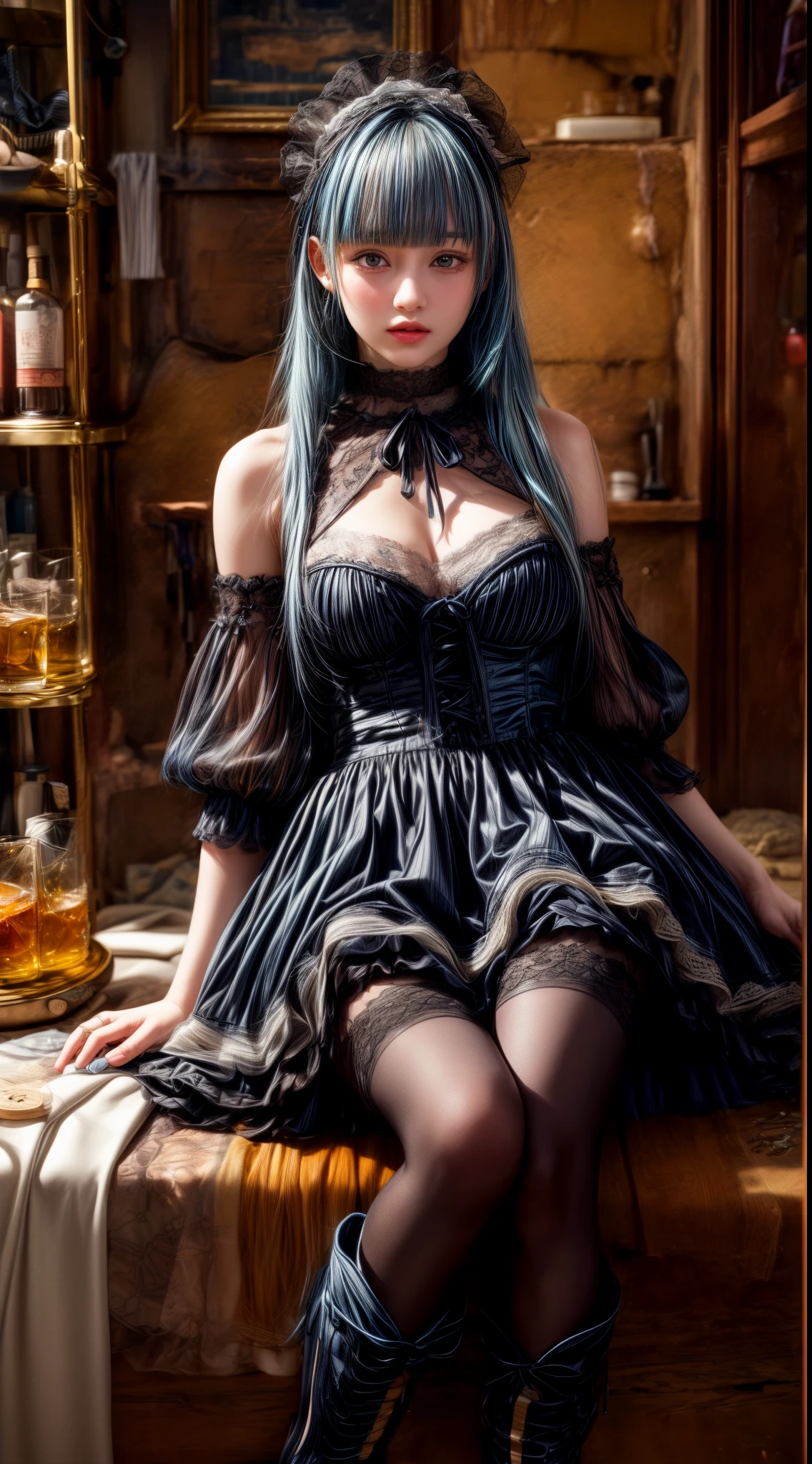 Mature Woman、Light blue hair、(Black Hair)、((Two-tone hair))、Black Lolita dress with delicate light blue decoration、Slender women、Cute Woman、 8K Ultra HD,Detailed face、Delicate texture, Long Hair、(((Blunt bangs)))、(((Drill Hair)))、Tutu skirt、Thigh-length tights、short boots、((Sweet Lolita))、mini skirt、A room in a Western-style building、((Delicate photo))，(Girl Astepeace RAW Photo Details:1.25), (highest quality:1.6), (超A high resolution:1.5), (Realistic:1.75), 8K resolution, Canon EOS R5, 50mm, Absurd, Super detailed,Cinema Lighting、((Whiskey glass and stuffed toy))