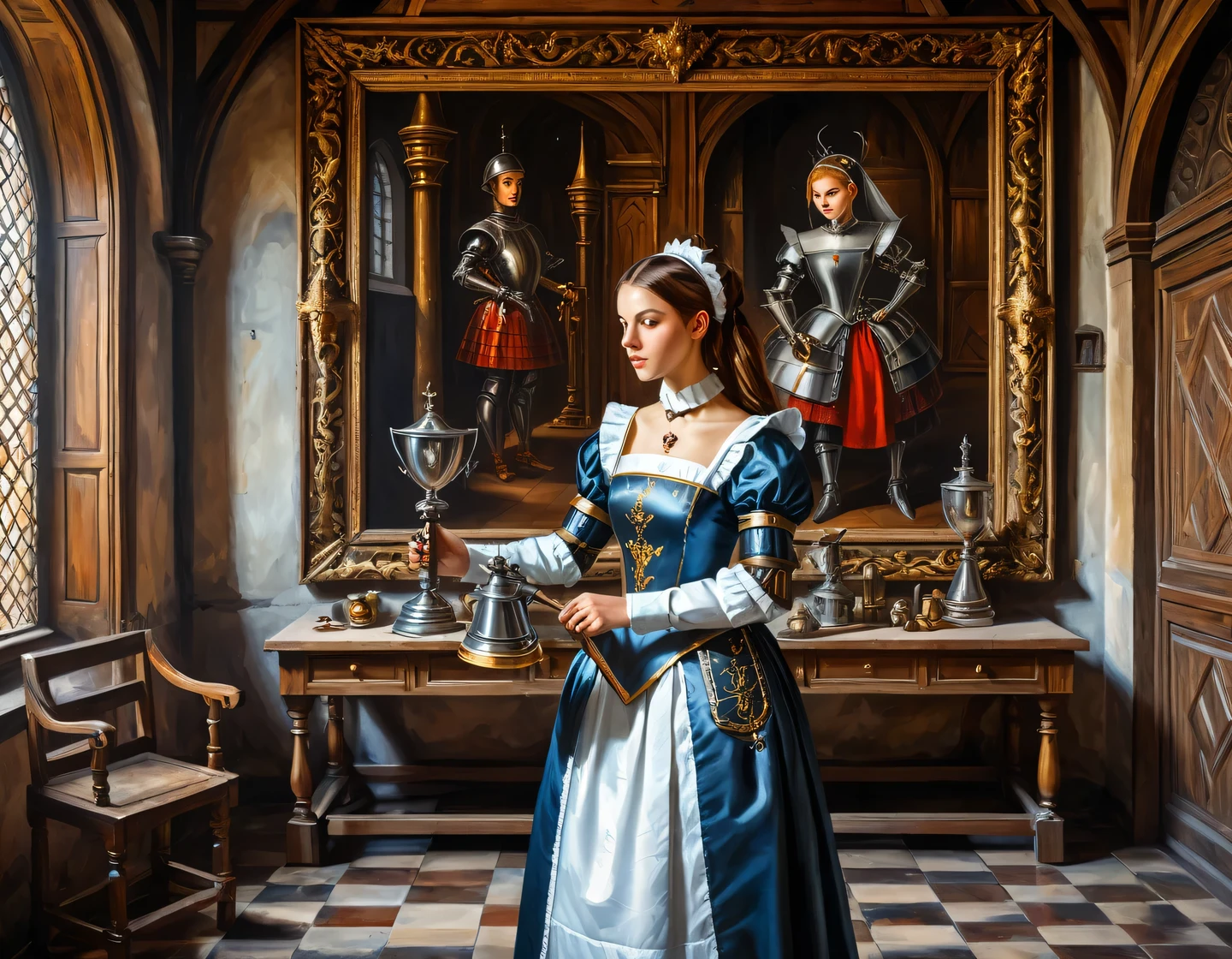 An ancient oil painting on canvas, a cyborg girl in a maid outfit is building in the hall of a medieval castle, medieval furnishings, trophies and weapons on the walls, heraldry, texture smoothing, smooth technique, gloss, detail