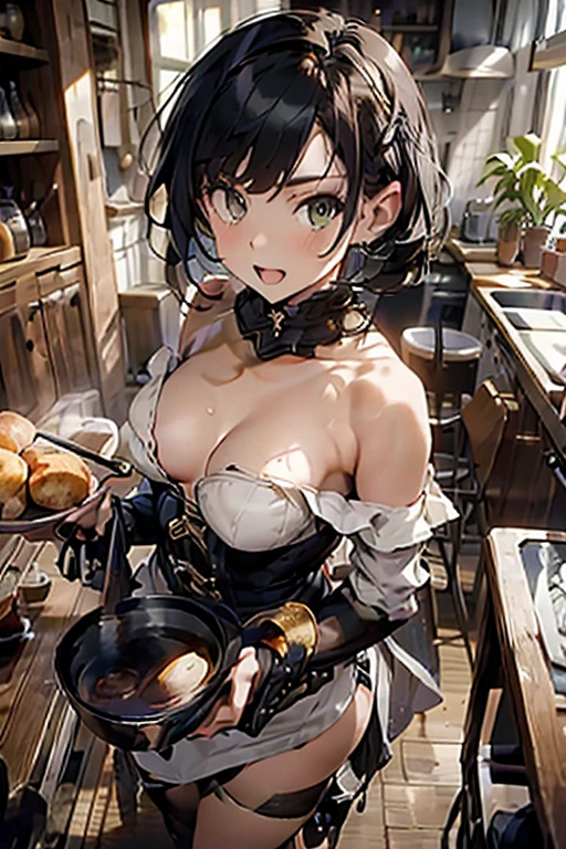 (small breasts:1.2), (perky chest:1.1), (pointed chest:1.0), (cooking magazine cover:1.3)，(from below:1.2),(from side:0.9),masterpiece, 1girl, Amazing Cleavage:1.1, thin waist, big ass, Raised sexy, small breast: 1.2, posed cleavage:1.2、solo, open mouth, have a cute grass of cute beergrass,black hair, dark green eyes, dress, bare shoulders, jewelry, collarbone, sidelocks, hairband, earrings, indoors, off shoulder, sweater, arms behind back, plant, short hair with long locks, gild hairband, sweater dress:1.2, off-shoulder sweater, red sweater, dark gord hair, big side hair, very long side hair,is rendered in (masterpiece: 1.2, best quality), with (ultra high resolution) and an exquisite (depth of field). This masterpiece is not only visually stunning but also tells,A scene of cooking in the kitchen by classroom ,looking at viewer,
