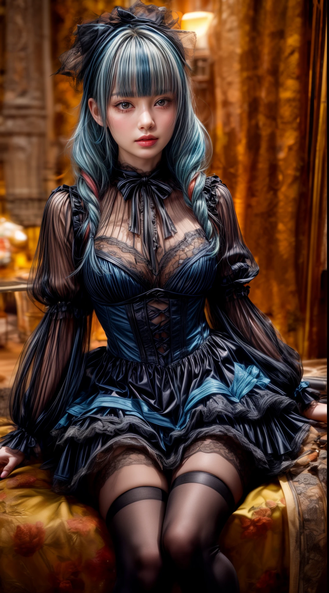 Mature Woman、Light blue hair、(Black Hair)、((Two-tone hair))、Black Lolita dress with delicate light blue decoration、Slender women、Cute Woman、 8K Ultra HD,Detailed face、Delicate texture, Long Hair、(((Blunt bangs)))、(((Drill Hair)))、Tutu skirt、Thigh-length tights、short boots、((Sweet Lolita))、mini skirt、A room in a Western-style building、((Delicate photo)),(Girl Astepeace RAW Photo Details:1.25), (highest quality:1.6), (超A high resolution:1.5), (Realistic:1.75), 8K resolution, Canon EOS R5, 50mm, Absurd, Super detailed,Cinema Lighting、((Whiskey glass and stuffed toy))