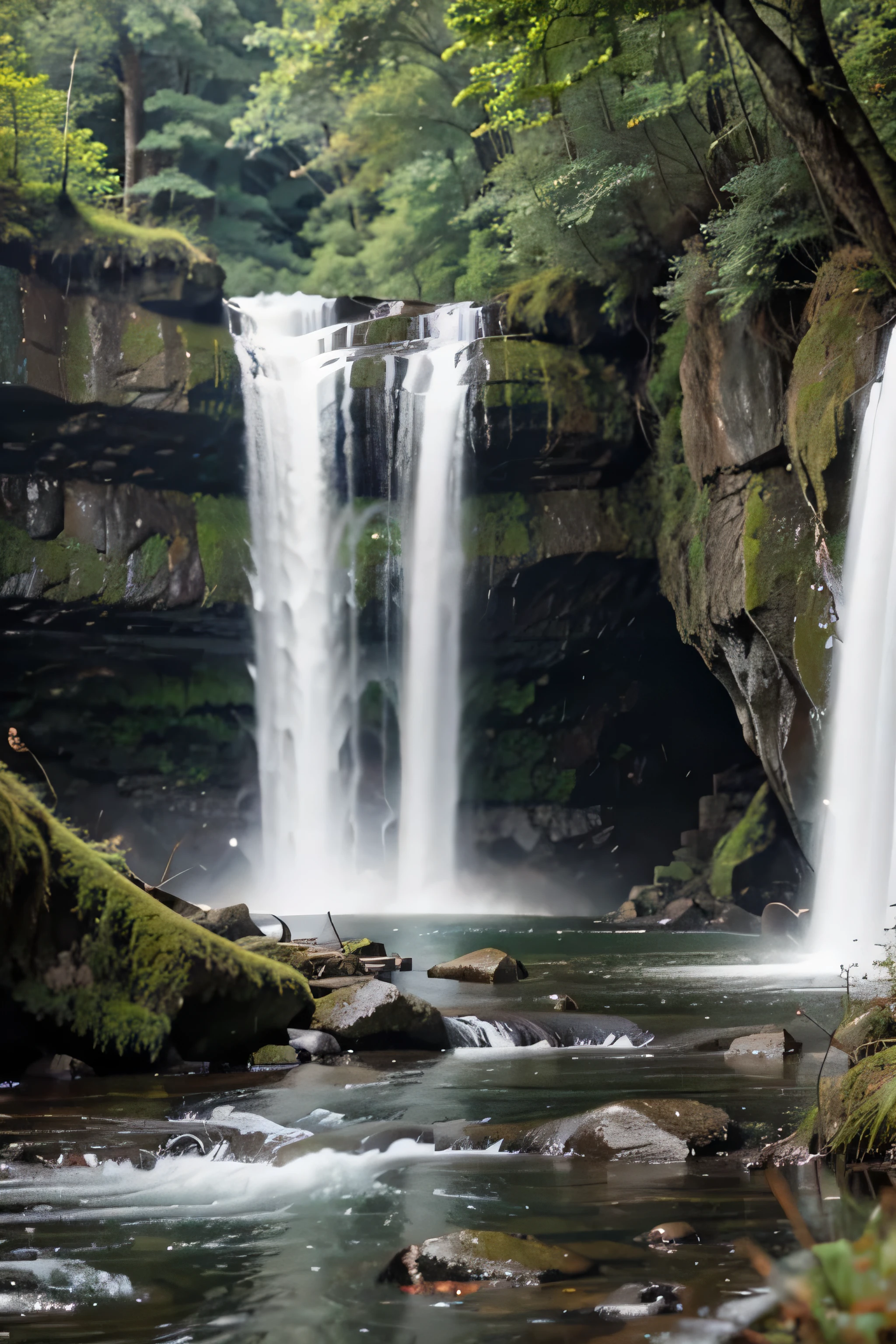 green grass with waterfall background