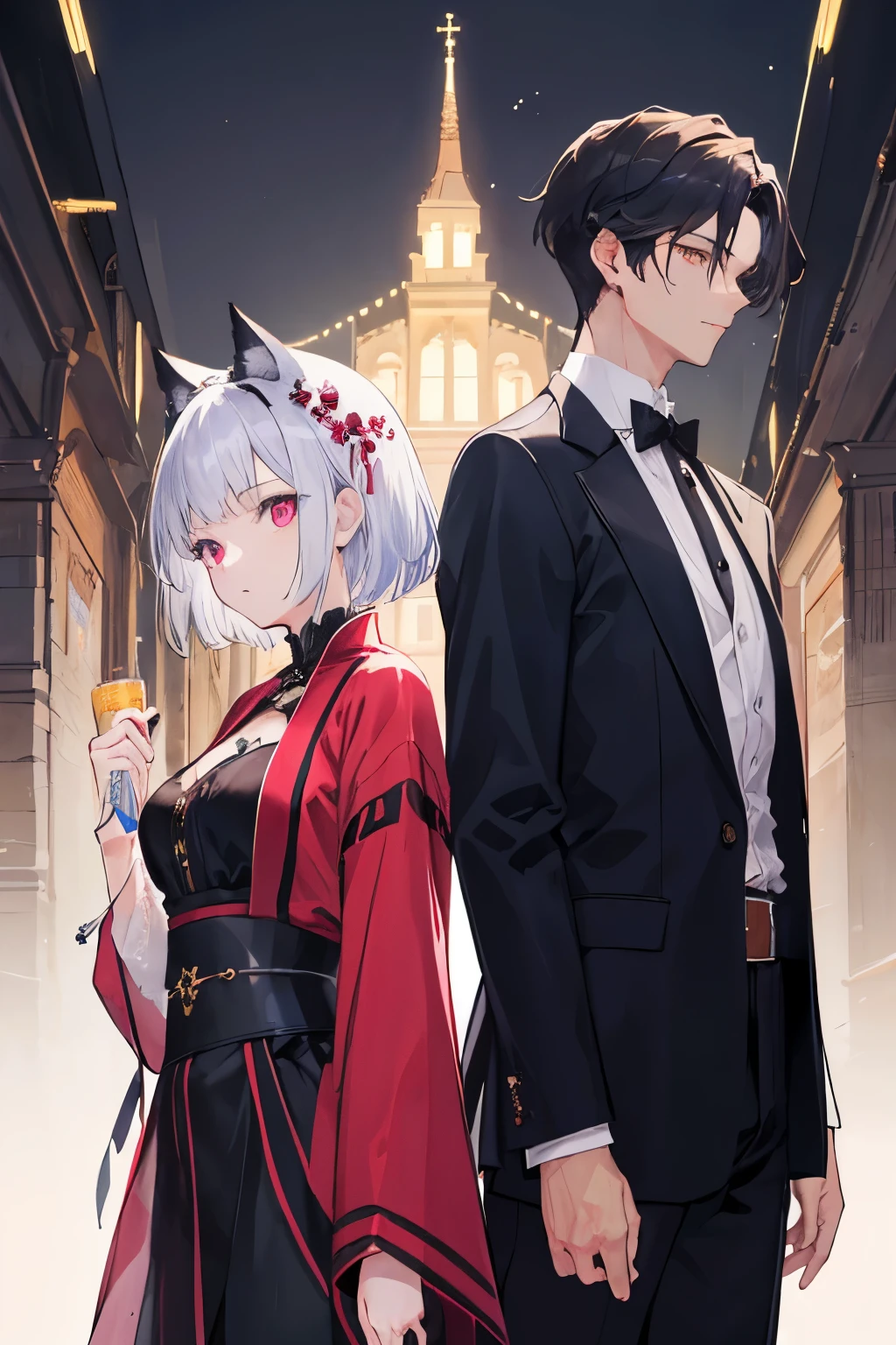 ((best quality)), ((masterpiece)), (detailed), Perfect face，Anime style。A novel cover，A beautiful girl has a cute black cat on her head，There are two handsome men around me，A man wearing modern clothes，short hair，Stand by your side，Ambiguous posture，The male lead；Another man wearing ancient clothes，Long hair，The second male。