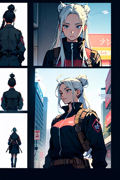 girl with long white hair standing next to a girl with black hair in a bun, manga page with panels and dialogue