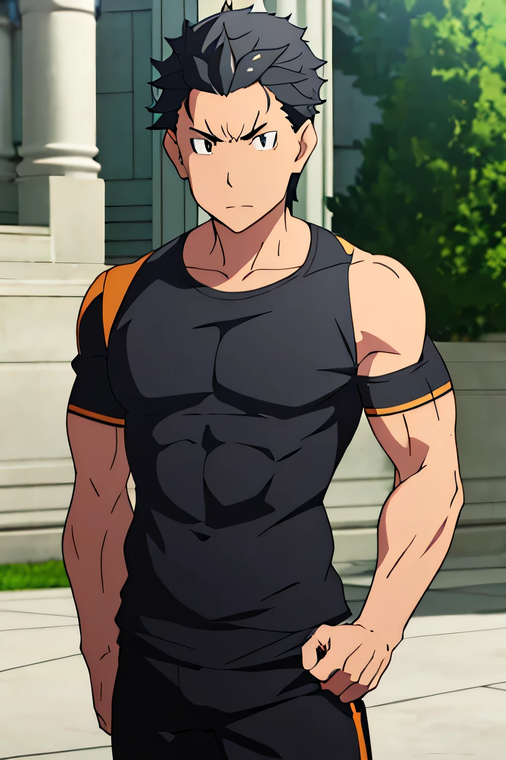 Subaru is flexing his biceps. He wears black shorts. You can see his thighs. He looks stoic and serious. He has bulging veins on his arms. He wears a black tshirt with short sleeves. His sleeve is completely rolled up so you can see his entire arm and shoulder. He is showing his abs too.