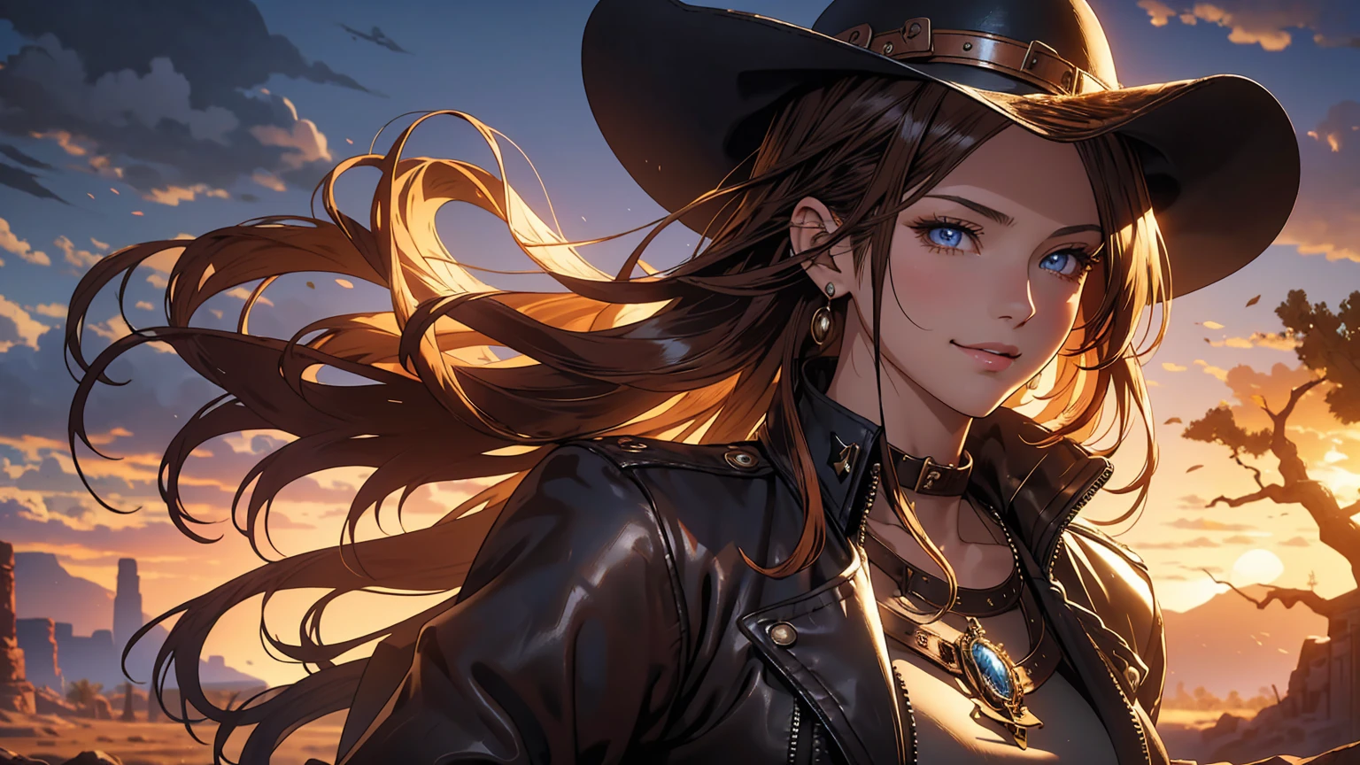 Arte de anime Genshin Impact: ((masterpiece: 1.2, 16k, super detail, best quality, accurate, high resolution, high quality)), (Wallpaper), Young cute cowgirl, age 18, super model, smiling, short brown leather jacket with open front, cowboy belt, brown cowboy hat, leather boots, braided hair, elegant posture, elegant cowgirl in the spotlight, illustrative style inspiration from the Charles Marion Russell, freedom, strength, confidence, full body portrait, standing, top model pose, seductive expression, Full breasts, Tight shirt, Midriff, beautiful latin girl, looking at the spectators, beautiful and charming girl, perfect clean model face, exquisite facial features, detailed face, clear facial expressions, long wavy hair, gradient hair, beautiful detailed eyes, piercing and enchanting eyes, luscious lips, beautiful detailed glossy lips, rosy cheek, enchanting smile, perfect body, slim waist, dynamic poses, solo girl, wild west setting, plain of the American West, wide and warm old sky, the sunset, a desert with dry soil and sparse thorn trees, rocky mountains, winding river with vegetation on the banks, rusty railway track, rock formations, ruins of a miner's cabin, dilapidated railroad, complex background, very detailed illustration, Ultra-detailed CG, professional art, vibrant appearance, raw photo, (a majestic vision), (dramatic photo:1.4), cinematic, (HDR:1.5), (intricate details:1.1), natural colors, splendid lighting effects, (dramatic light), (Cinematic lighting), epic and surrealistic anime, detailed anime digital art, anime digital art, high-quality anime art style, award winning,