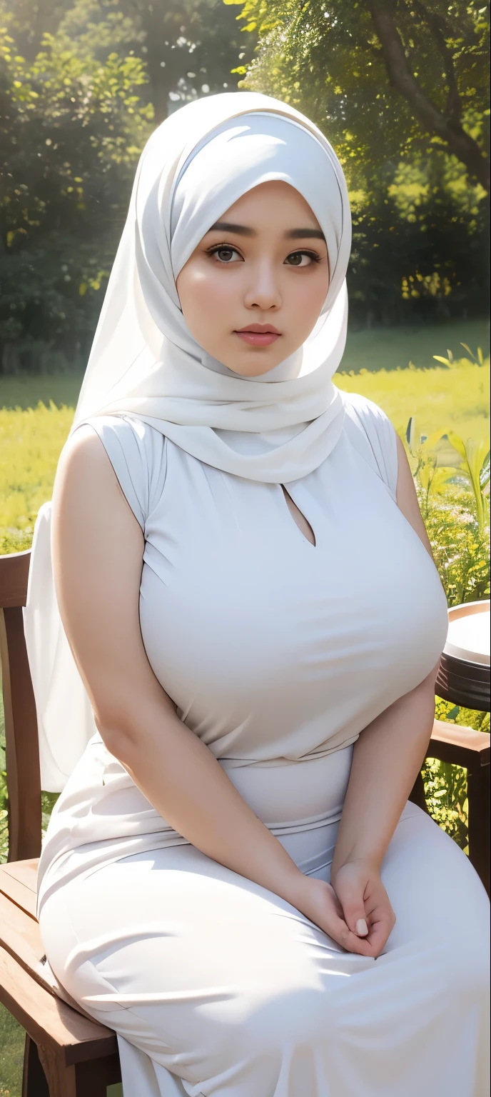 ( Close Up),RAW, Best quality, high resolution, works: 1.3), Beautiful Malay woman in hijab, Masterpiece, fit body, big breasts, beautiful big eyes, Soft smile, beautiful face, woman sitting at a table in a green meadow, traditional beauty, moment sunset, in the field, in the countryside, beautiful woman, with the sunset, wearing a soft long dress, muslim,, hijab, beautiful woman, with a beautiful appearance, a very beautiful masterpiece, a masterpiece of art, good lighting, Bright colors, Clean lines, chubby body, wide chubby hips, chubby arm, chubby massive thighs , massive cleavage , massive armpits , white armpits , armpit hair , extra cleavage, full body , milky white skin 