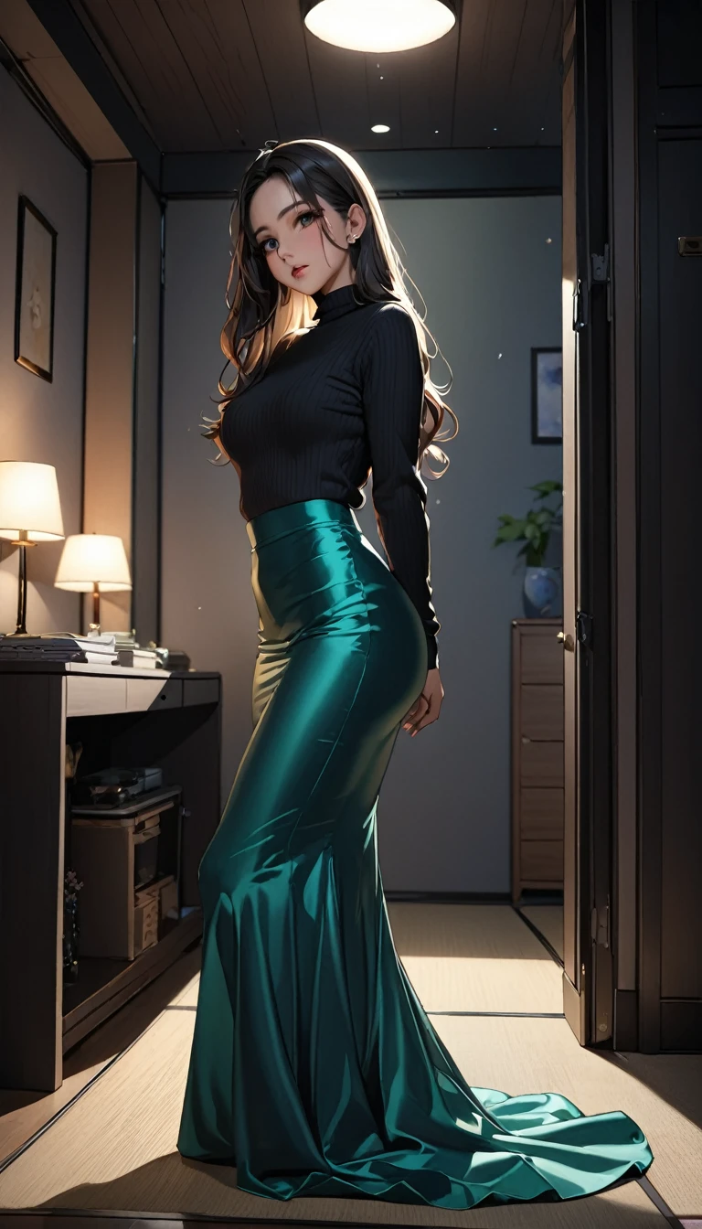 (masterpiece,highest quality,超A high resolution),Japanese women, (((Very beautiful 25 year old girl))),Long sleeve sweater、((A mermaid-style high-waisted long skirt made of satin))、Dark Room