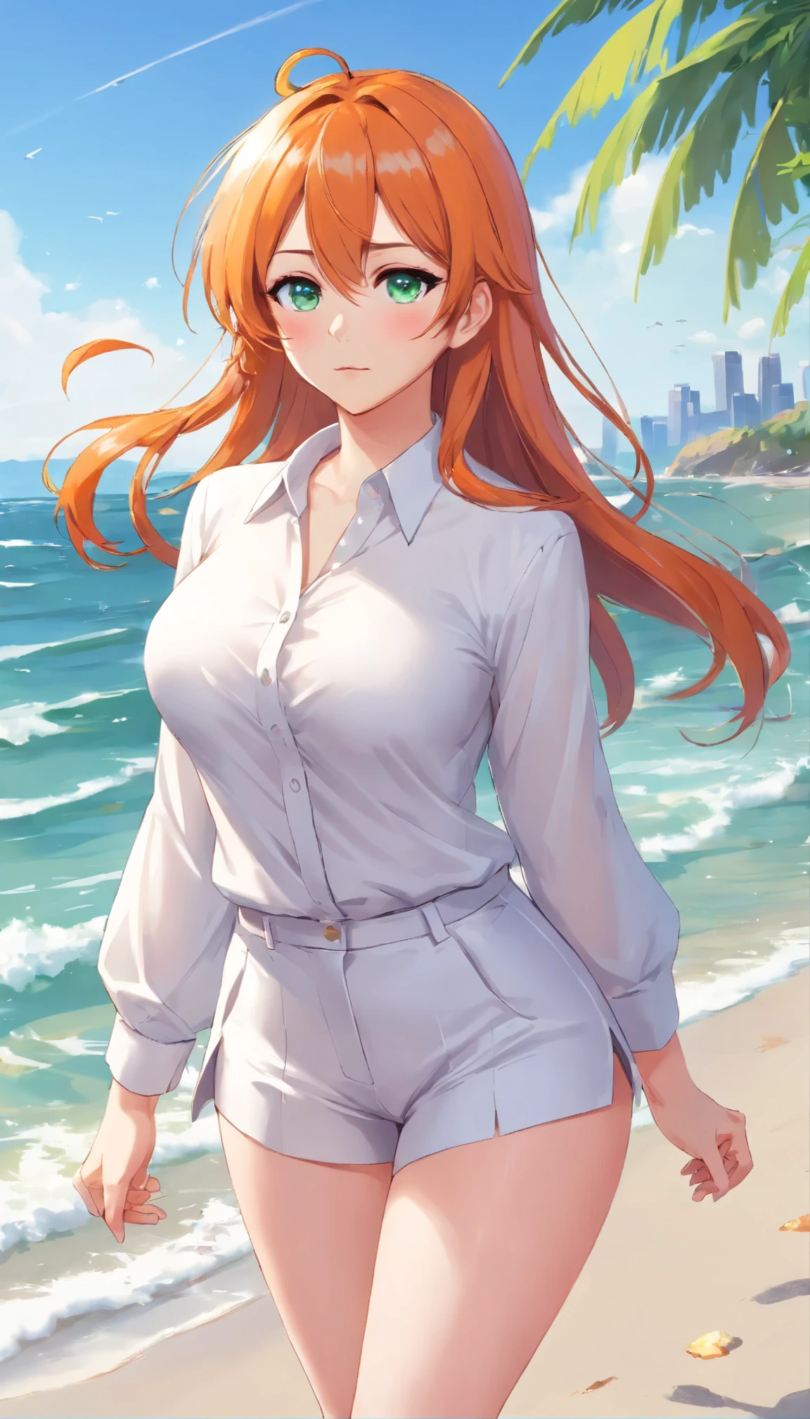 ((masterpiece, best quality, ultra-detailed)), highres, beautiful angry business woman looking at viewer frustrated, black business suit, black midi pencil skirt, long pencil skirt, white blouse, heels, full body, large bust, hand on hip, wavy crimson hair, summer, beach, ocean, ocean waves, sand