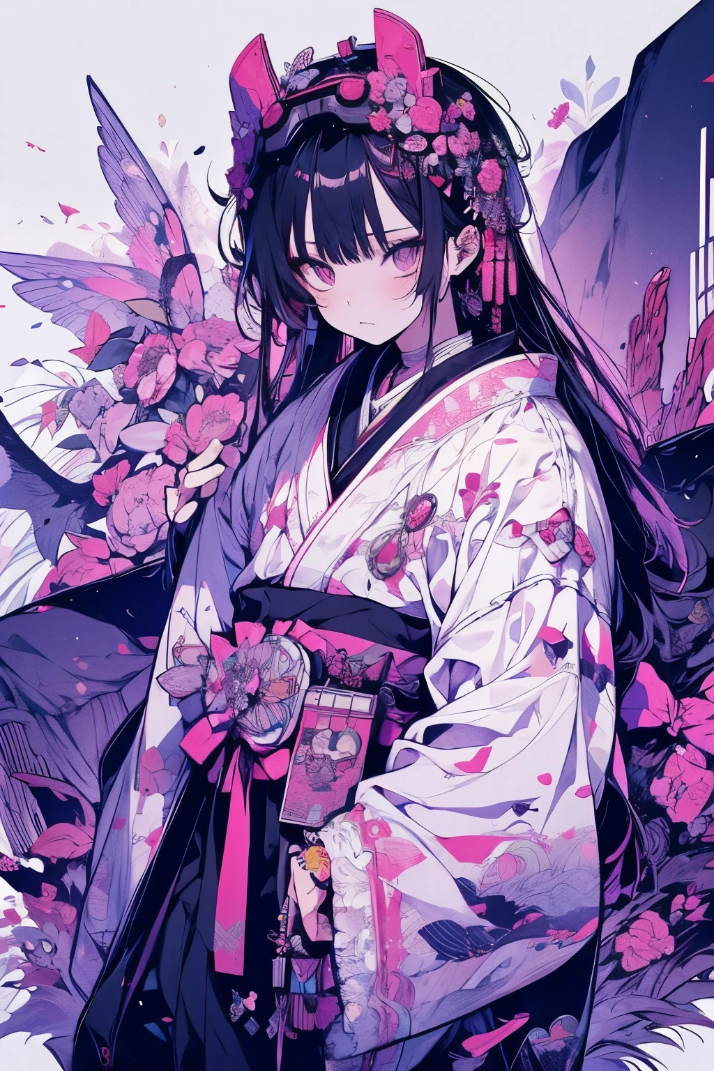 Anime girl, spikey long hair, fluffy shawl, arm braces, hakama pants, praying matis motif, goggles