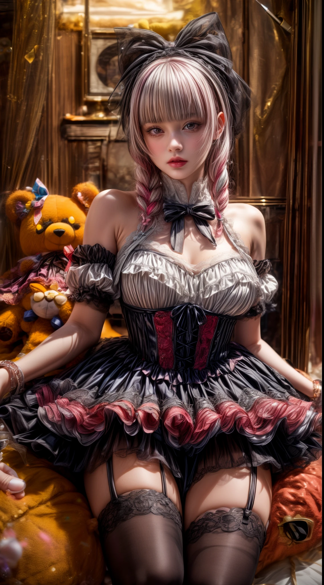 Mature Woman、Pink Hair、Light gray hair、((Two-tone hair))、Black ta dress with delicate pink embellishments、Slender women、Cute Woman、 8K Ultra HD,Detailed face、Delicate texture, Long Hair、(((Blunt bangs)))、(((Drill Hair)))、Tutu skirt、Thigh-length tights、short boots、((Sweet Loli、mini skirt、A room in a Western-style building、((Delicate photo)),(Girl Astepeace RAW Photo Details:1.25), (highest quality:1.6), (超A high resolution:1.5), (Realistic:1.75), 8K resolution, Canon EOS R5, 50mm, Absurd, Super detailed,Cinema Lighting、((stuffed toy:1.25))