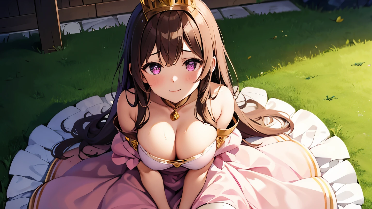 brown hair girl with golden crown, small girl, one girl, pink wedding dress, face on camera, tight shirt, show large chest, dark isekai, shy girl, pitiful face, face forward to camera, bent pose, asking pose, pink cheeks, half body, body on big chain, smile, purple eyes, no nails, pink blushes, bent on grass, very big breast, cleavage, wet breast, leg_up