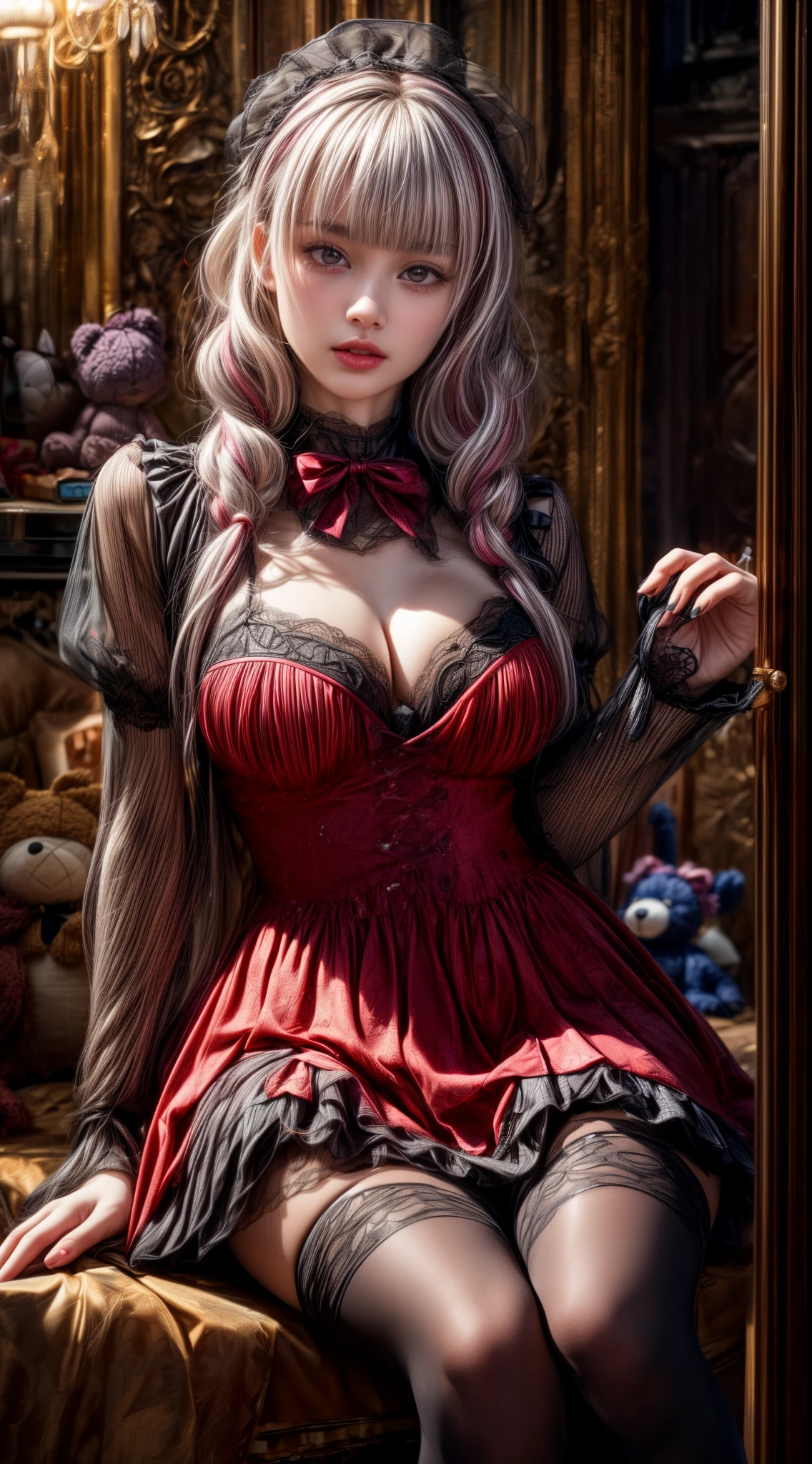 Mature Woman、Pink Hair、Light gray hair、((Two-tone hair))、Black ta dress with delicate pink embellishments、Slender women、Cute Woman、 8K Ultra HD,Detailed face、Delicate texture, Long Hair、(((Blunt bangs)))、(((Drill Hair)))、Tutu skirt、Thigh-length tights、short boots、((Sweet Loli、mini skirt、A room in a Western-style building、((Delicate photo)),(Girl Astepeace RAW Photo Details:1.25), (highest quality:1.6), (超A high resolution:1.5), (Realistic:1.75), 8K resolution, Canon EOS R5, 50mm, Absurd, Super detailed,Cinema Lighting、((stuffed toy:1.25))