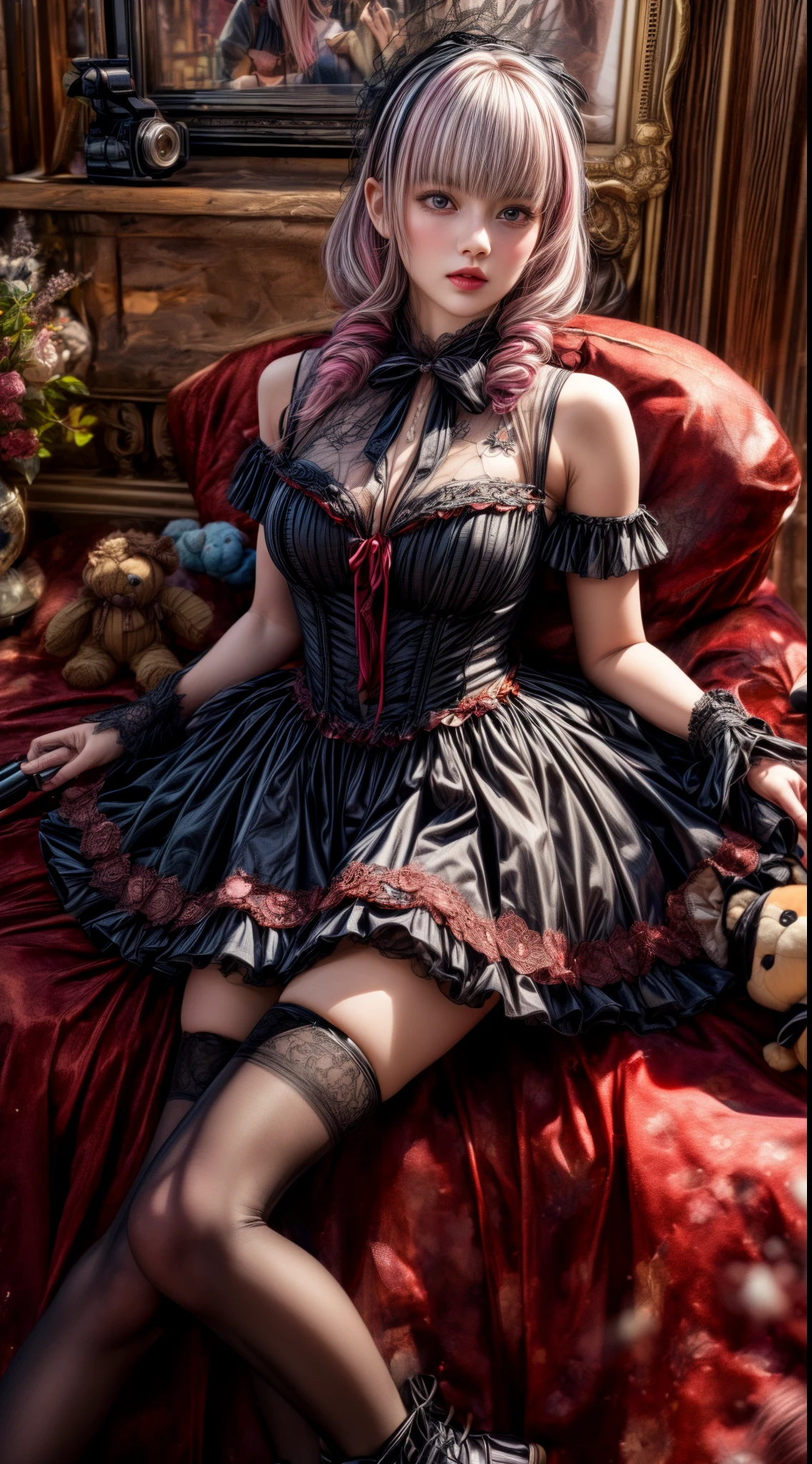 Mature Woman、Pink Hair、Light gray hair、((Two-tone hair))、Black ta dress with delicate pink embellishments、Slender women、Cute Woman、 8K Ultra HD,Detailed face、Delicate texture, Long Hair、(((Blunt bangs)))、(((Drill Hair)))、Tutu skirt、Thigh-length tights、short boots、((Sweet Loli、mini skirt、A room in a Western-style building、((Delicate photo)),(Girl Astepeace RAW Photo Details:1.25), (highest quality:1.6), (超A high resolution:1.5), (Realistic:1.75), 8K resolution, Canon EOS R5, 50mm, Absurd, Super detailed,Cinema Lighting、((stuffed toy:1.25))