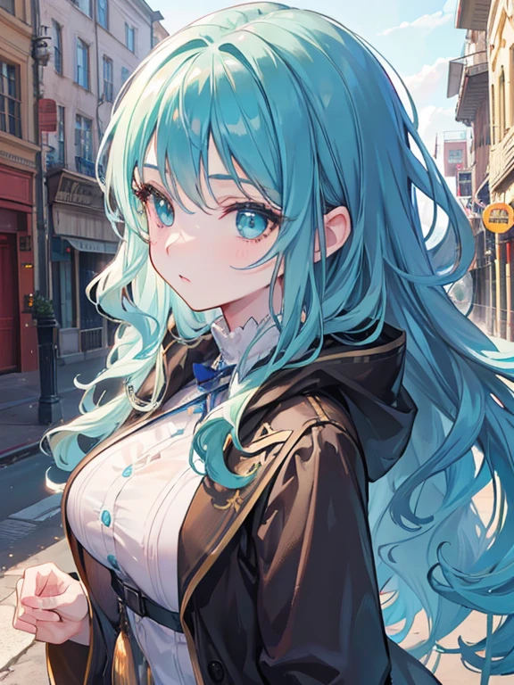 1girl, (maya blue wavy hair), (light green eyes), beautiful detailed eyes, beautiful detailed lips, extremely detailed face and eyes, longeyelashes, medium breasts, innocent expression, cute, melancholic, (brown coat), action pose, alley background, (best quality,4k,8k,highres,masterpiece:1.2),ultra-detailed,(realistic,photorealistic,photo-realistic:1.37),studio lighting,vivid colors