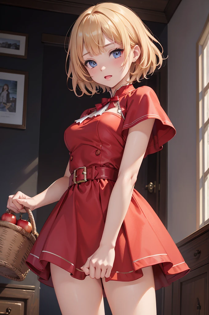 masterpiece、Soft Focus , Bright gradient watercolor、Tabletop, High resolution, 8k, Anime Women, Delicate and detailed writing 、Detailed digital illustration、high resolution, high quality、Detailed Background、Close-up photo、(((Two arms、Four fingers, One thumb)))、Detailed female face、Accurate Fingerasterpiece:1.2)、highest quality、High resolution、unity 8k wallpaper、(figure:0.8)、Highly detailed face、Perfect lighting、Highly detailed CG、(Perfect hands、Perfect Anatomy)、
(Cowboy Shot:1.1)、One girl、stand、basket、knife、Red apples、Red dress、Red ribbon、Red Cape、Red Shoes、Blonde、very short hair、blue eyes、Big round eyes、Open your mouth、