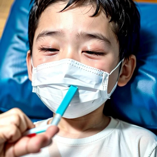 Handsome kindergarten boy with infectious disease、Appearance of suffering. He is wearing a white mask. He has a high fever. he is sleeping. He has a cough. He is exhausted. He is taking his temperature with a thermometer. He is dying. He is cooling his forehead with a cooling gel sheet..Are crying