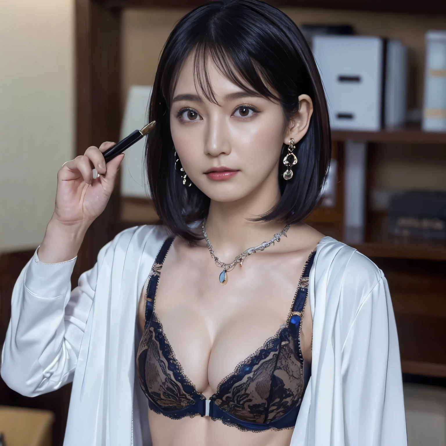 (deep make up:1.5),Necklaces, rings, earrings, watches, jewellery,suit,2 lady,realistic,(ultra quality:1.2),japanese,high quality,masterpiece,(ultra detailed:1.4),japanese lady,beautiful face,(real bra:1.6),(skirt-suit:1.1),((office)),(small breast:1.4),slender,highres,(various dark coloured bra:1.4)