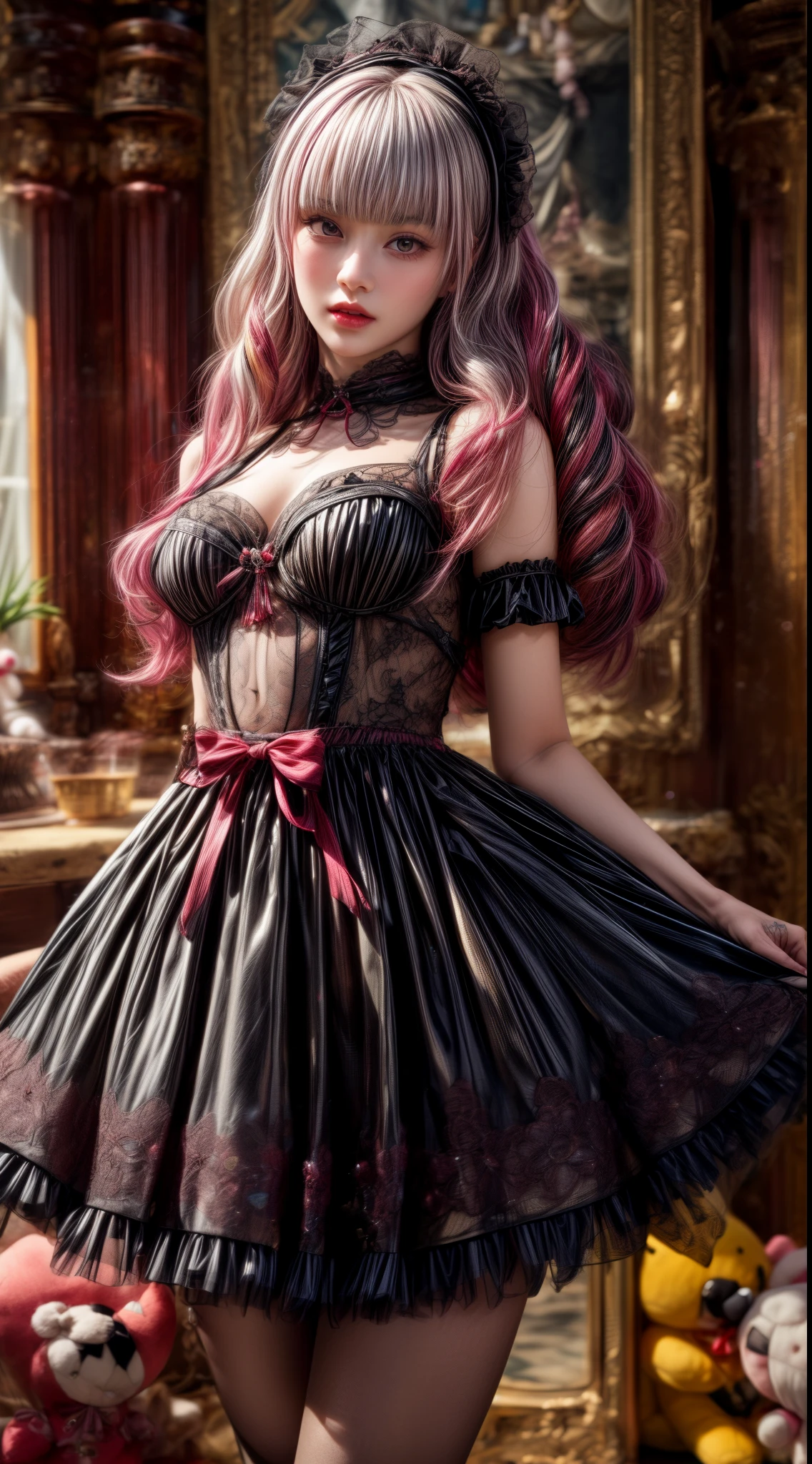 Mature Woman、Pink Hair、Light gray hair、((Two-tone hair))、Black Lolita dress with delicate pink embellishments、Slender women、Cute Woman、 8K Ultra HD,Detailed face、Delicate texture, Long Hair、(((Blunt bangs)))、(((Drill Hair)))、Tutu skirt、Thigh-length tights、short boots、((Sweet Lolita))、mini skirt、A room in a Western-style building、((Delicate photo))，(Girl Astepeace RAW Photo Details:1.25), (highest quality:1.6), (超A high resolution:1.5), (Realistic:1.75), 8K resolution, Canon EOS R5, 50mm, Absurd, Super detailed,Cinema Lighting、((stuffed toy:1.25))