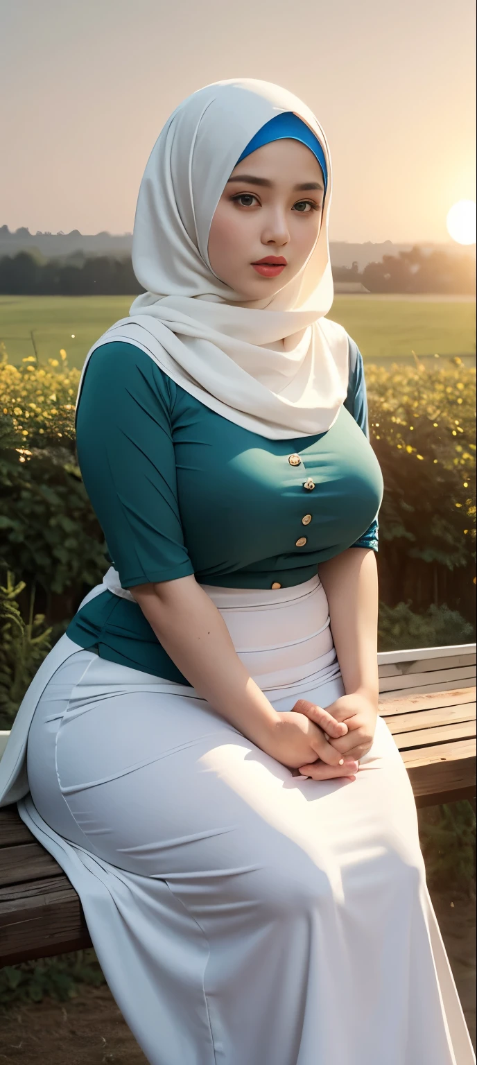 ( Close Up),RAW, Best quality, high resolution, works: 1.3), Beautiful Malay woman in hijab, Masterpiece, fit body, big breasts, beautiful big eyes, Soft smile, beautiful face, woman sitting at a table in a green meadow, traditional beauty, moment sunset, in the field, in the countryside, beautiful woman, with the sunset, wearing a soft long dress, muslim,, hijab, beautiful woman, with a beautiful appearance, a very beautiful masterpiece, a masterpiece of art, good lighting, Bright colors, Clean lines, chubby body, wide chubby hips, chubby arm, chubby massive thighs , massive cleavage , massive armpits , white armpits , armpit hair , extra cleavage, full body , milky white skin 