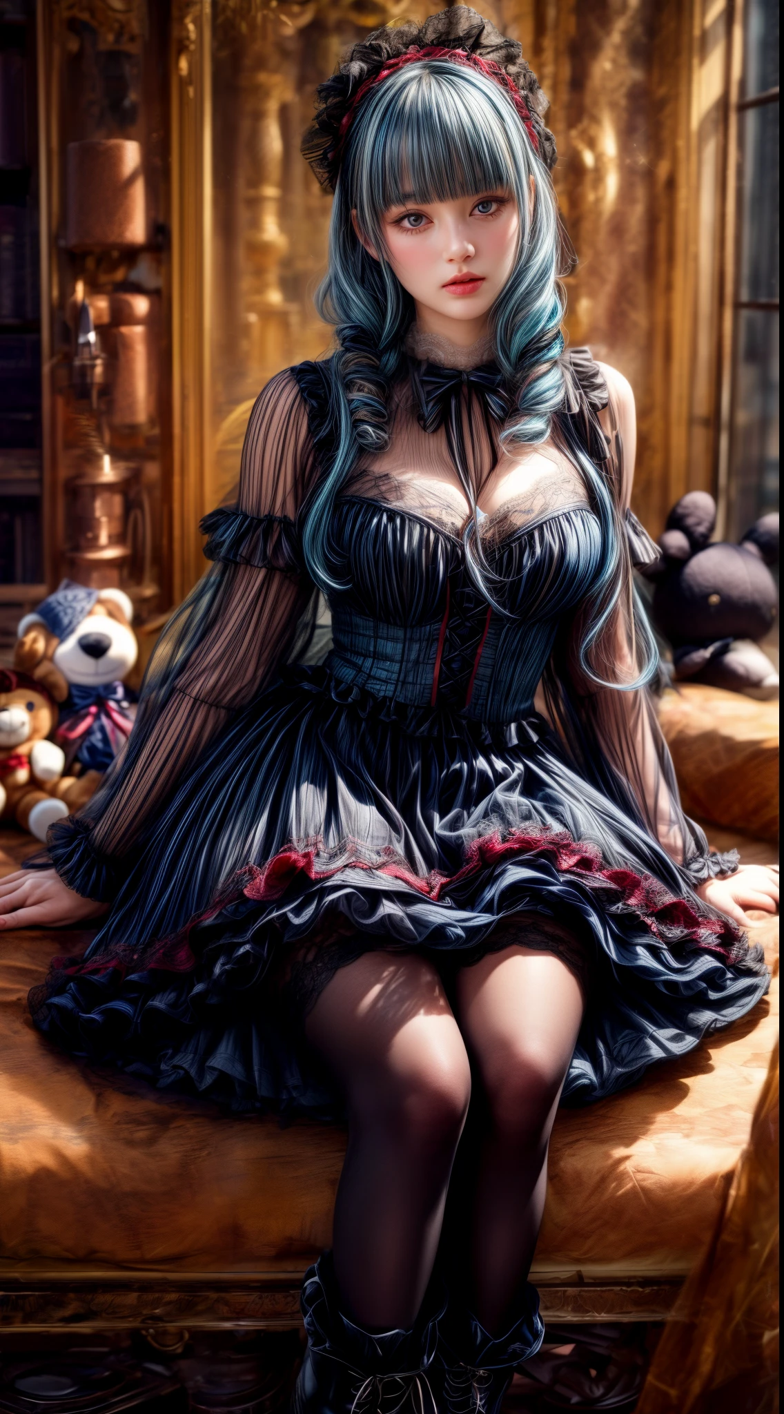 Mature Woman、Pink Hair、Light gray hair、((Two-tone hair))、White Lolita dress with delicate pink decoration、Slender women、Cute Woman、 8K Ultra HD,Detailed face、Delicate texture, Long Hair、(((Blunt bangs)))、(((Drill Hair)))、Tutu skirt、Thigh-length lace tights、short boots、((Ethnic Lolita))、mini skirt、A room in a Western-style building、((Delicate photo))，(Girl Astepeace RAW Photo Details:1.25), (highest quality:1.6), (超A high resolution:1.5), (Realistic:1.75), 8K resolution, Canon EOS R5, 50mm, Absurd, Super detailed,Cinema Lighting、((stuffed toy:1.25))、nsfw:1.45