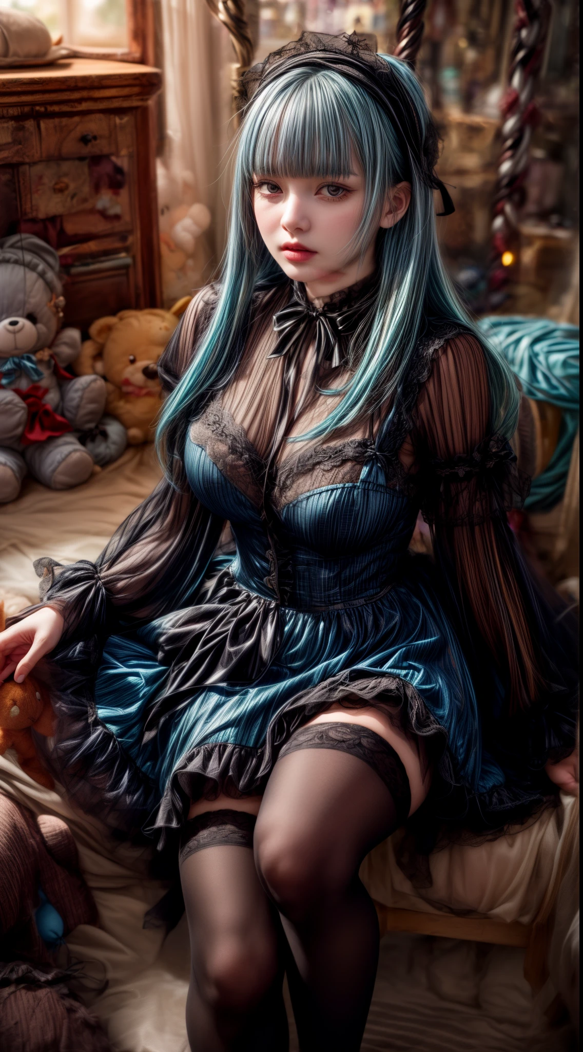 Mature Woman、Light blue hair、((Black Hair))、(((Two-tone hair)))、Black Lolita dress with delicate light blue decoration、Slender women、Cute Woman、 8K Ultra HD,Detailed face、Delicate texture, Long Hair、(((Blunt bangs)))、(((Drill Hair)))、Tutu skirt、Thigh-length tights、short boots、((Sweet Lolita))、mini skirt、A room in a Western-style building、((Delicate photo)),(Girl Astepeace RAW Photo Details:1.25), (highest quality:1.6), (超A high resolution:1.5), (Realistic:1.75), 8K resolution, Canon EOS R5, 50mm, Absurd, Super detailed,Cinema Lighting、((stuffed toy:1.3))