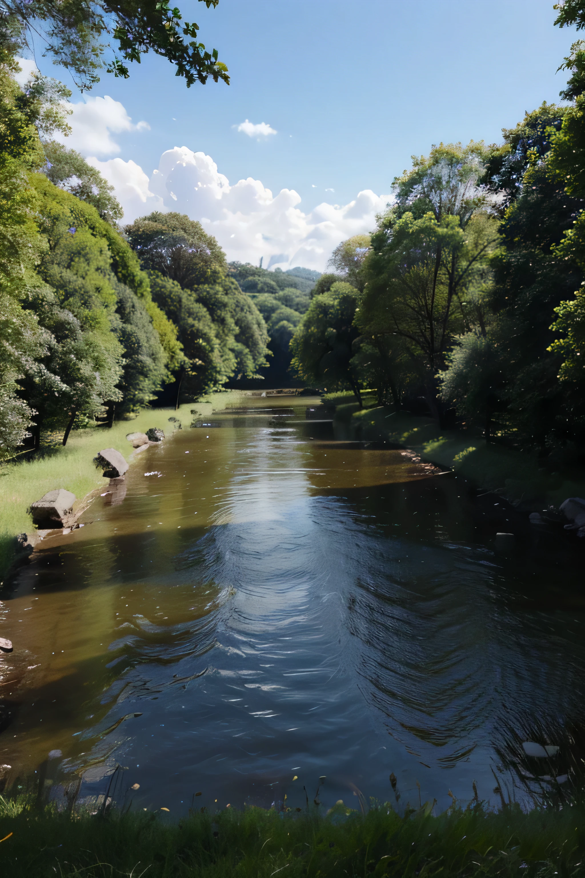 green grass with river background