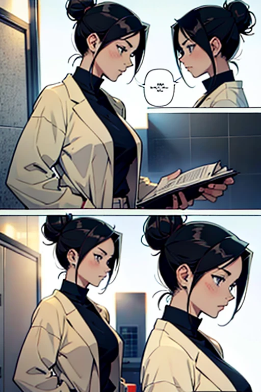 Girl with black hair in a bun, manga page with panels and dialogue