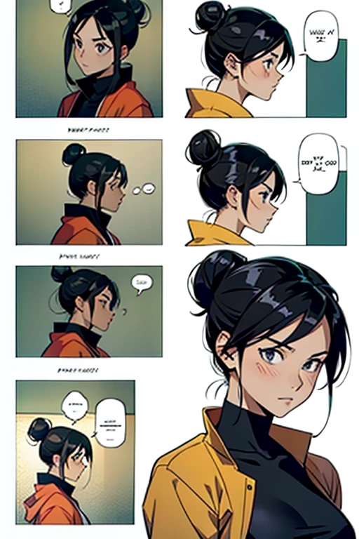 Girl with black hair in a bun, manga page with panels and dialogue