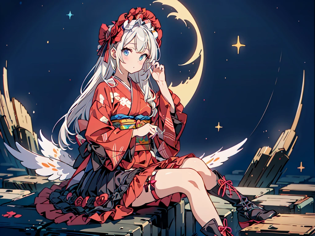 Star Fairy、(masterpiece, highest quality), One Girl, Sitting on the crescent moon、「Beautifully printed galaxy patterned kimono and gothic lolita outfits.、Space Pattern Ruffle Box Pleated Mini Skirt、Frontal portrait、Knee-high boots、Captivating eyes、Perfect and amazing face、Exquisite detail、Clear images、highest quality。」Milky white and light blue gradient long straight hair、