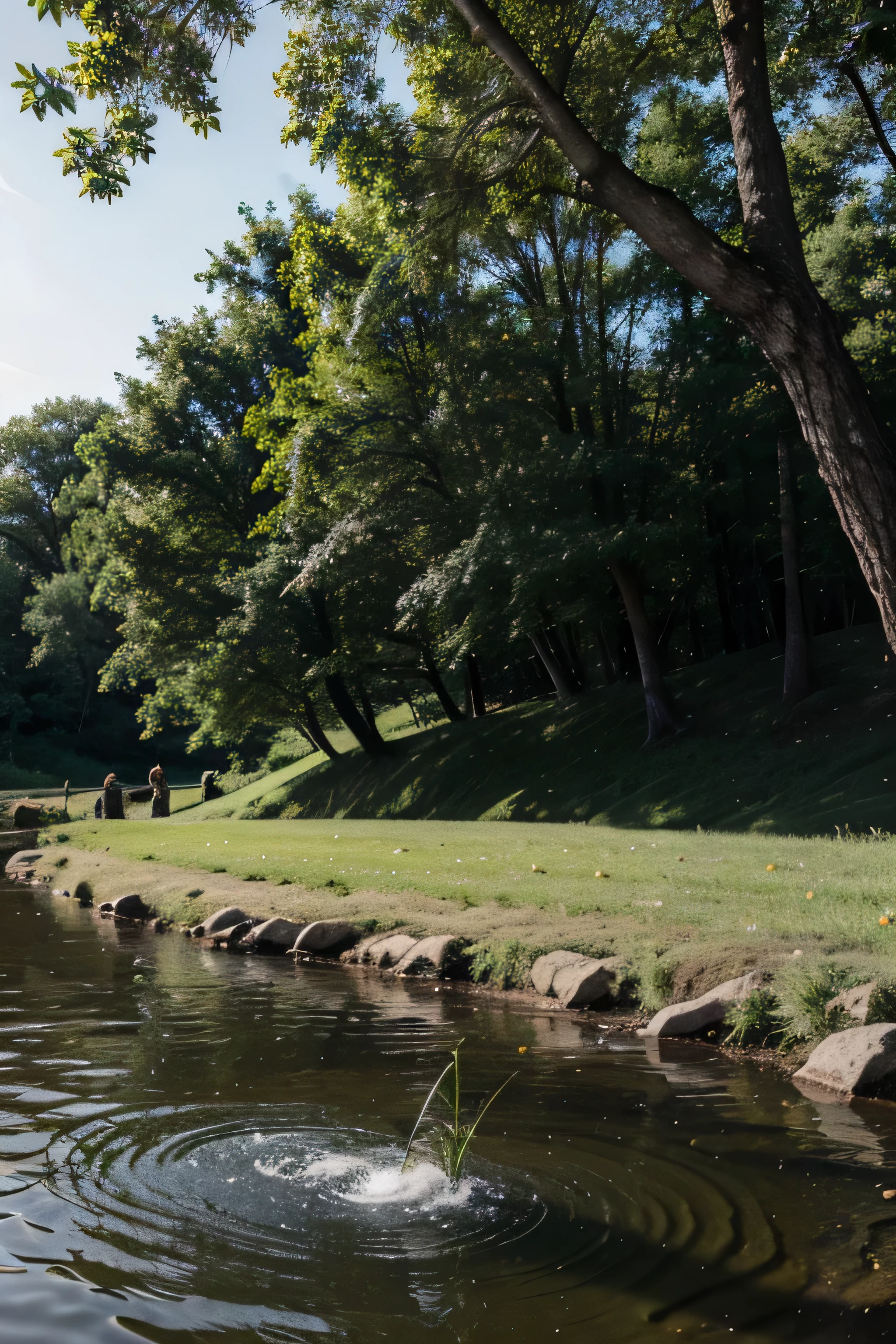 green grass with river background