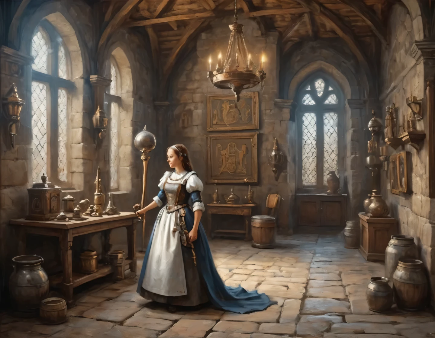 An ancient photograph, a cyborg girl in a maid outfit is building in the hall of a medieval castle, medieval furnishings, trophies and weapons on the walls, heraldry, realistic