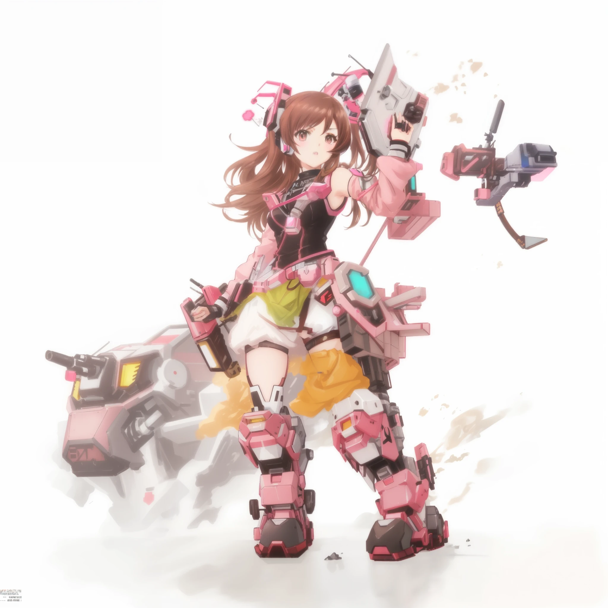 (brown hair swept bangs:1.3), anime girl with pink hair and pink hair holding a gun, female mecha, anime robotic mixed with organic, fully robotic!! girl, mechanized valkyrie girl, anime manga robot!! anime girl, mecha human, as an overwatch character, from overwatch, robot girl, cyberpunk anime girl mech, cushart krenz key art feminine, anime robots