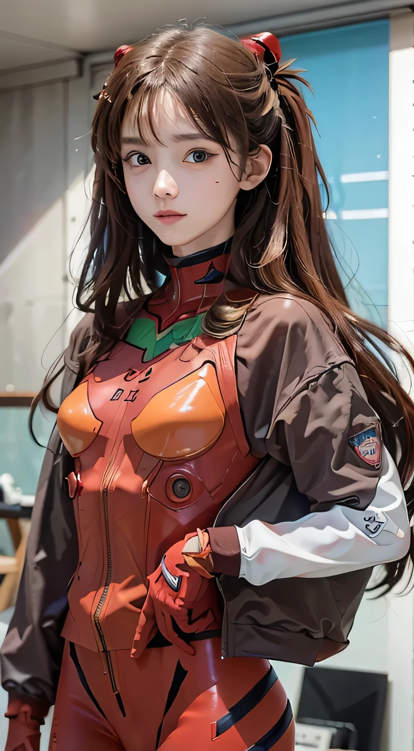 (highest quality photography), (Real live-action), masterpiece, (realisitic), (photoreallistic:1.37), Beautiful Woman with Perfect Style:1.4, Slender abs:1.2, academy:1.2, Highly detailed facial and skin texture, Detailed eye, ((looking at viewer)), ((Asuka Langley)), ((Neon Genesis Evangelion style)), Cosplay, (((Red-brown hair))), (((Long hair))), ((bangs)), (((White-Line Red Jersey Jaket))), (((White-Line Red Jaket))), ((Red plug suit that fits the body)), Slim Girl Model, 16-year-old female model