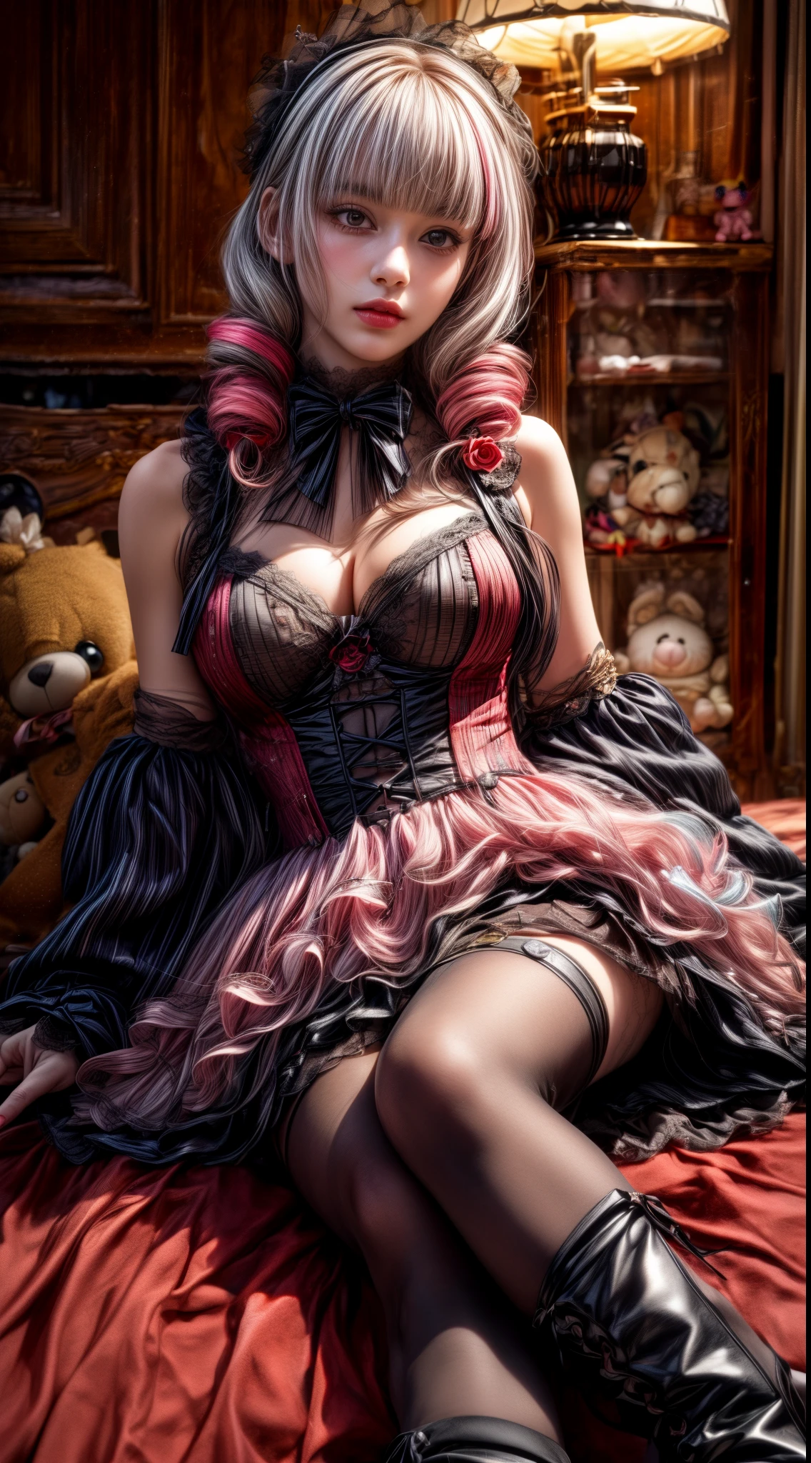 Mature Woman、Pink Hair、Light gray hair、((Two-tone hair))、Black ta dress with delicate pink embellishments、Slender women、Cute Woman、 8K Ultra HD,Detailed face、Delicate texture, Long Hair、(((Blunt bangs)))、(((Drill Hair)))、Tutu skirt、Thigh-length tights、short boots、((Sweet Loli、mini skirt、A room in a Western-style building、((Delicate photo))，(Girl Astepeace RAW Photo Details:1.25), (highest quality:1.6), (超A high resolution:1.5), (Realistic:1.75), 8K resolution, Canon EOS R5, 50mm, Absurd, Super detailed,Cinema Lighting、((stuffed toy:1.25))