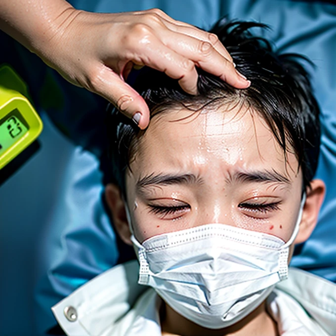 Handsome with infectious disease、Appearance of suffering. He is wearing a white mask. He has a high fever. he is sleeping. He has a cough. He is exhausted. He is taking his temperature with a thermometer. He is dying. He is cooling his forehead with a cooling gel sheet..Are crying