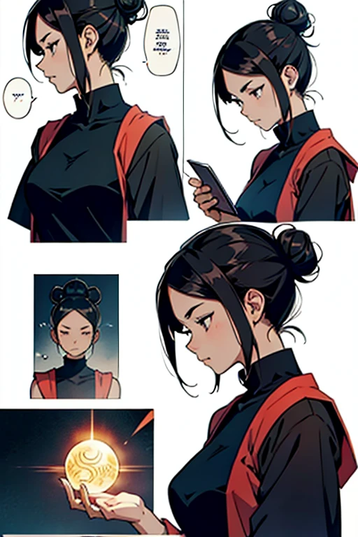 Girl with black hair in a bun using meditation magic, manga page with panels and dialogue