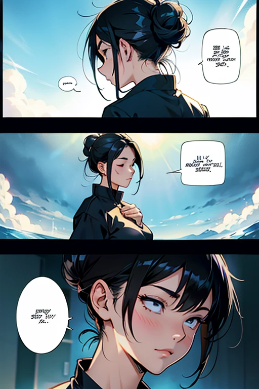 Girl with black hair in a bun using meditation magic, manga page with panels and dialogue 