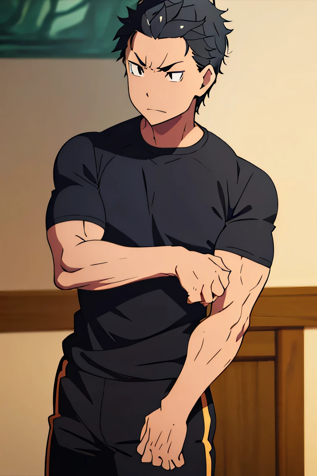 Subaru is flexing his biceps. He wears black shorts. You can see his thighs. He looks stoic and serious. He has bulging veins on his arms. He wears a black tshirt with short sleeves. His sleeve is completely rolled up so you can see his entire arm and shoulder. He is showing his abs too.
