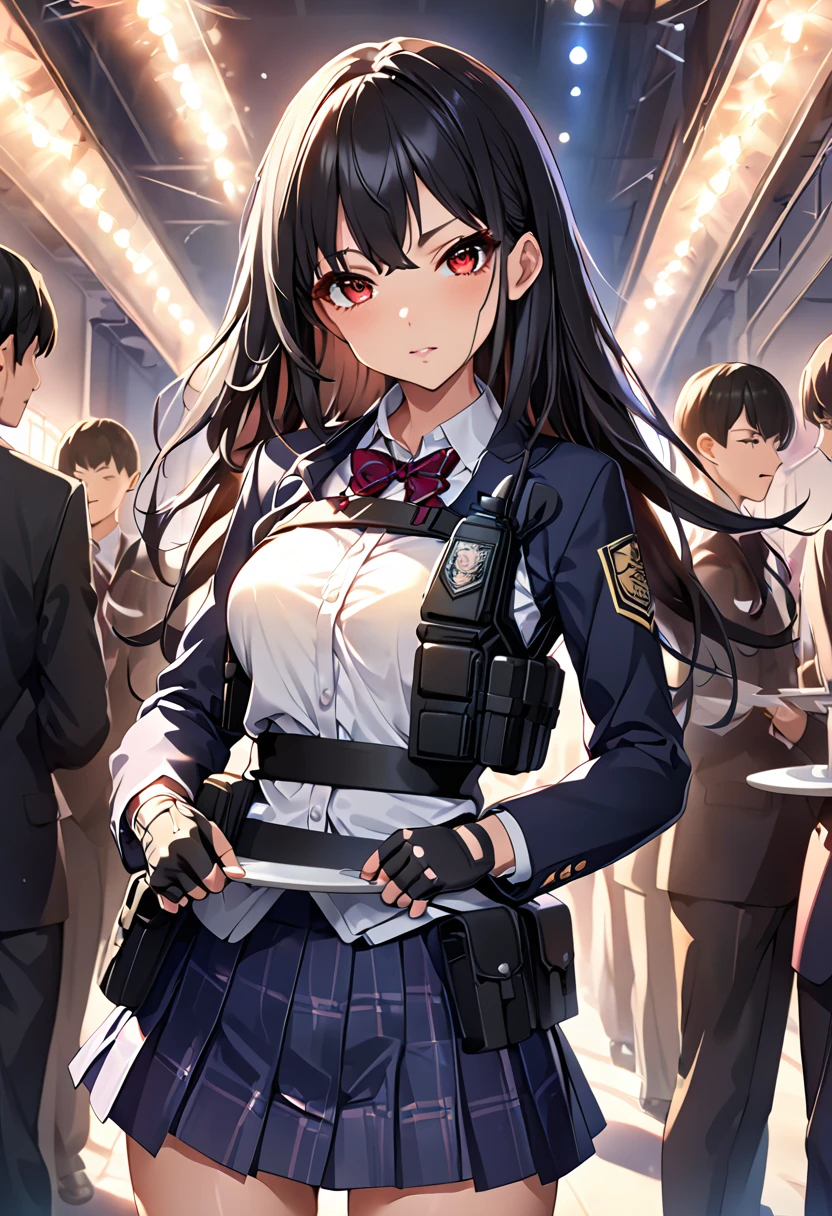 masterpiece、highest quality、Ultra-high resolution、Maximum resolution、Very detailed、Professional Lighting、anime、woman、thin、so beautiful、high school girl、blazer、Equipped with an assault rifle、Red Eye、Black Hair、long hair、Fingerless gloves、Equipped with a plate carrier、Are standing