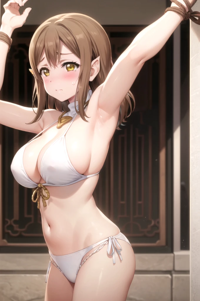 ((side angle)),(((Pixel Perfect, Perfect in every detail))), alone, One girl, hanamaru kunikida, uranohoshi , , View Viewer, ((Rope restraint)),((Exposed shoulders)),Big Breasts,((White Bikini)),((((Lots of rope)))),((highest quality)), (Very detailed),,((constrained)),Big Breasts,((White sweater)),((dress)),(((Exposed shoulders)))(((Show your armpits))),((White underwear))Half naked,((Embarrassed look)),Crying face,Blushing,Princess Zelda, ((highest quality)), (Very detailed),,beauty,beautiful,