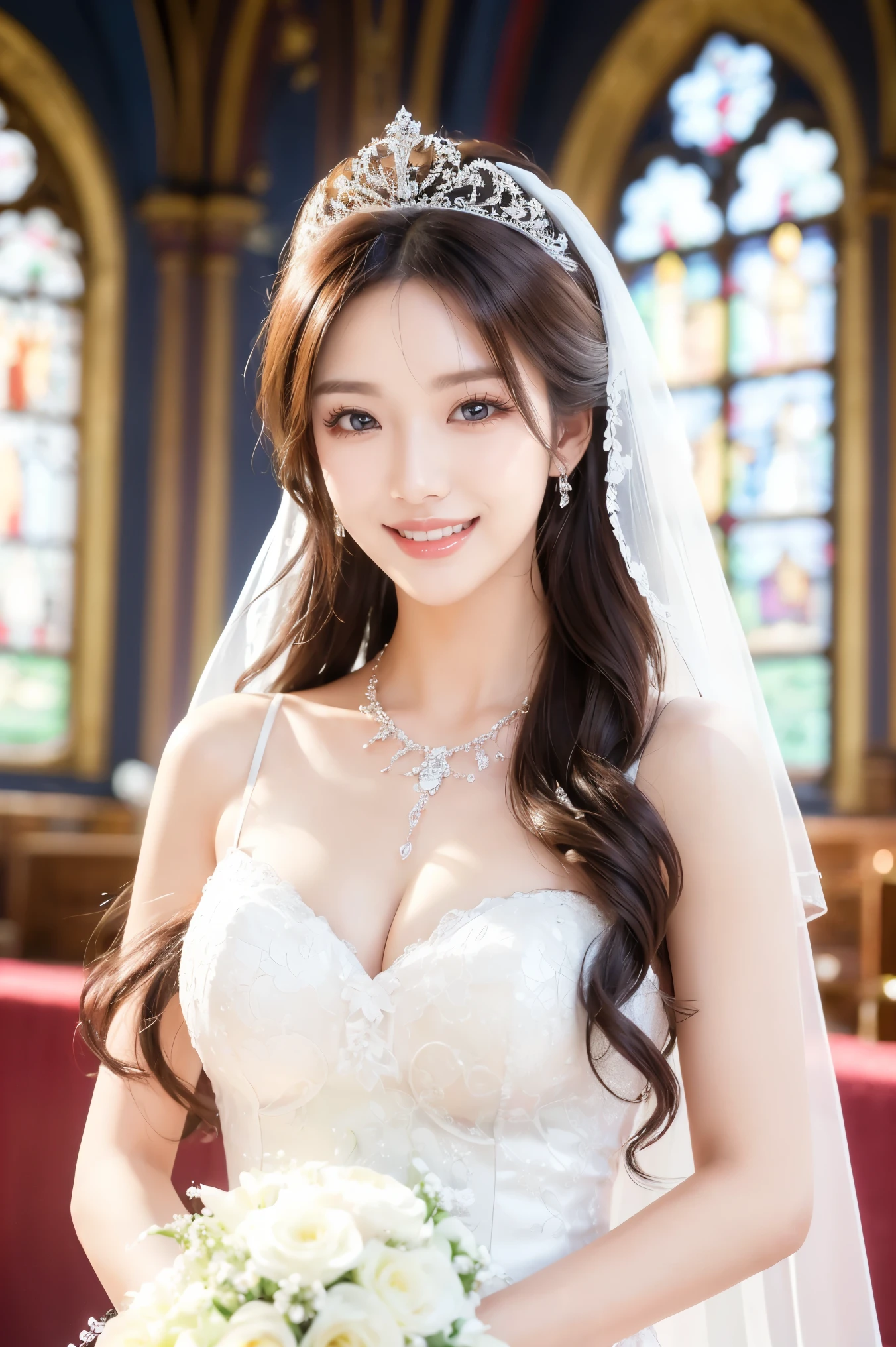 (highest quality、Tabletop、8k、Best image quality、Award-winning works)、One beautiful bride、(alone:1.1)、(The most extravagant and gorgeous huge wedding dresses:1.1)、(Perfect Wedding Lace:1.2)、(The most gorgeous and luxurious giant tiara:1.1)、(The most extravagant and luxurious giant necklace:1.1)、Look at me with your best smile、A wide selection of the finest jewellery、Upper body photo、Perfect Makeup、Long eyelashes、Ultra HD Shining Eyes、Ultra HD Hair、Ultra High Resolution Glossy Lips、Ultra High Resolution Perfect Teeth、Super high resolution beautiful face、(Accurate anatomy:1.1)、(Very bright and beautiful skin:1.2)、(very bright and vivid:1.2)、Perfect beautiful bridal hairstyles、A gorgeous and elegant church、A gorgeous and beautiful church、(Front facing body:1.1)、(The most romantic atmosphere:1.1)、(Strongly blurred background:1.1)、(Calm and warm lighting:1.1)