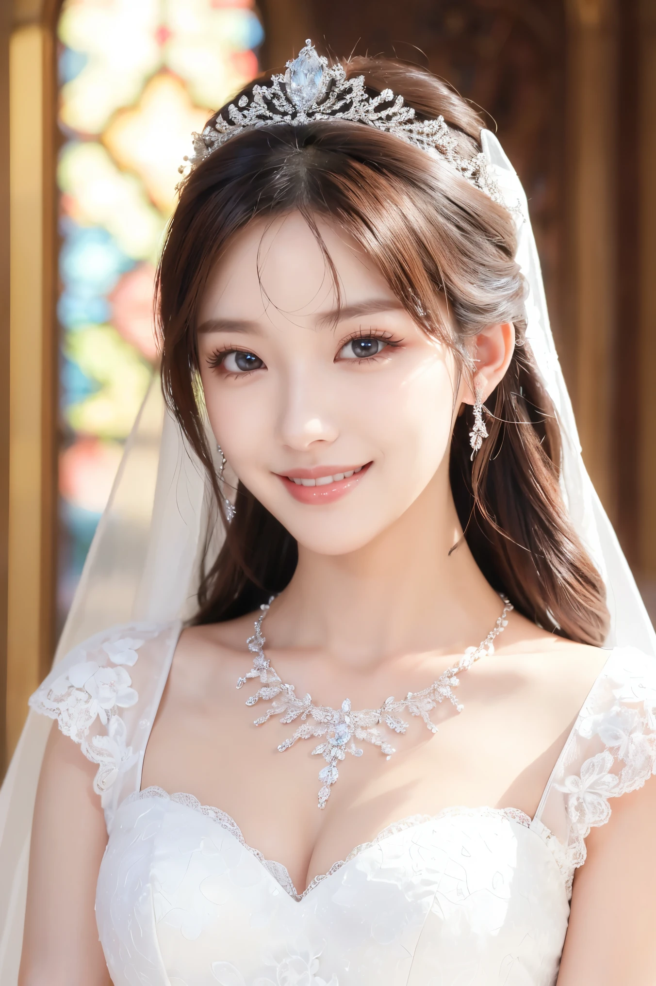 (highest quality、Tabletop、8k、Best image quality、Award-winning works)、One beautiful bride、(alone:1.1)、(The most extravagant and gorgeous huge wedding dresses:1.1)、(Perfect Wedding Lace:1.2)、(The most gorgeous and luxurious giant tiara:1.1)、(The most extravagant and luxurious giant necklace:1.1)、Look at me with your best smile、A wide selection of the finest jewellery、Upper body photo、Perfect Makeup、Long eyelashes、Ultra HD Shining Eyes、Ultra HD Hair、Ultra High Resolution Glossy Lips、Ultra High Resolution Perfect Teeth、Super high resolution beautiful face、(Accurate anatomy:1.1)、(Very bright and beautiful skin:1.2)、(very bright and vivid:1.2)、Perfect beautiful bridal hairstyles、A gorgeous and elegant church、A gorgeous and beautiful church、(Front facing body:1.1)、(The most romantic atmosphere:1.1)、(Strongly blurred background:1.1)、(Calm and warm lighting:1.1)