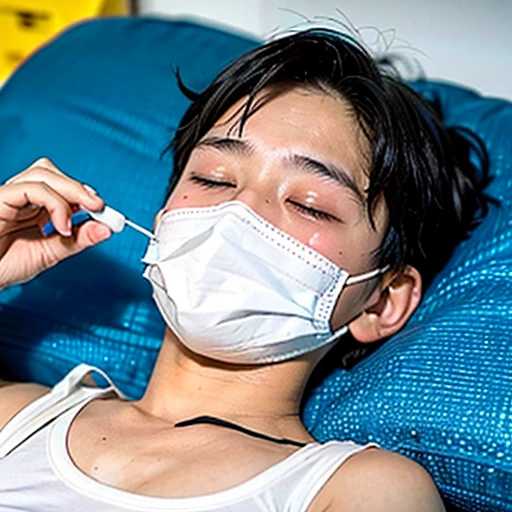 Handsome kindergarten boy with infectious disease、Appearance of suffering. He is wearing a white mask. He has a high fever. he is sleeping. He has a cough. He is exhausted. He is taking his temperature with a thermometer. He is dying. He is cooling his forehead with a cooling gel sheet..Are crying