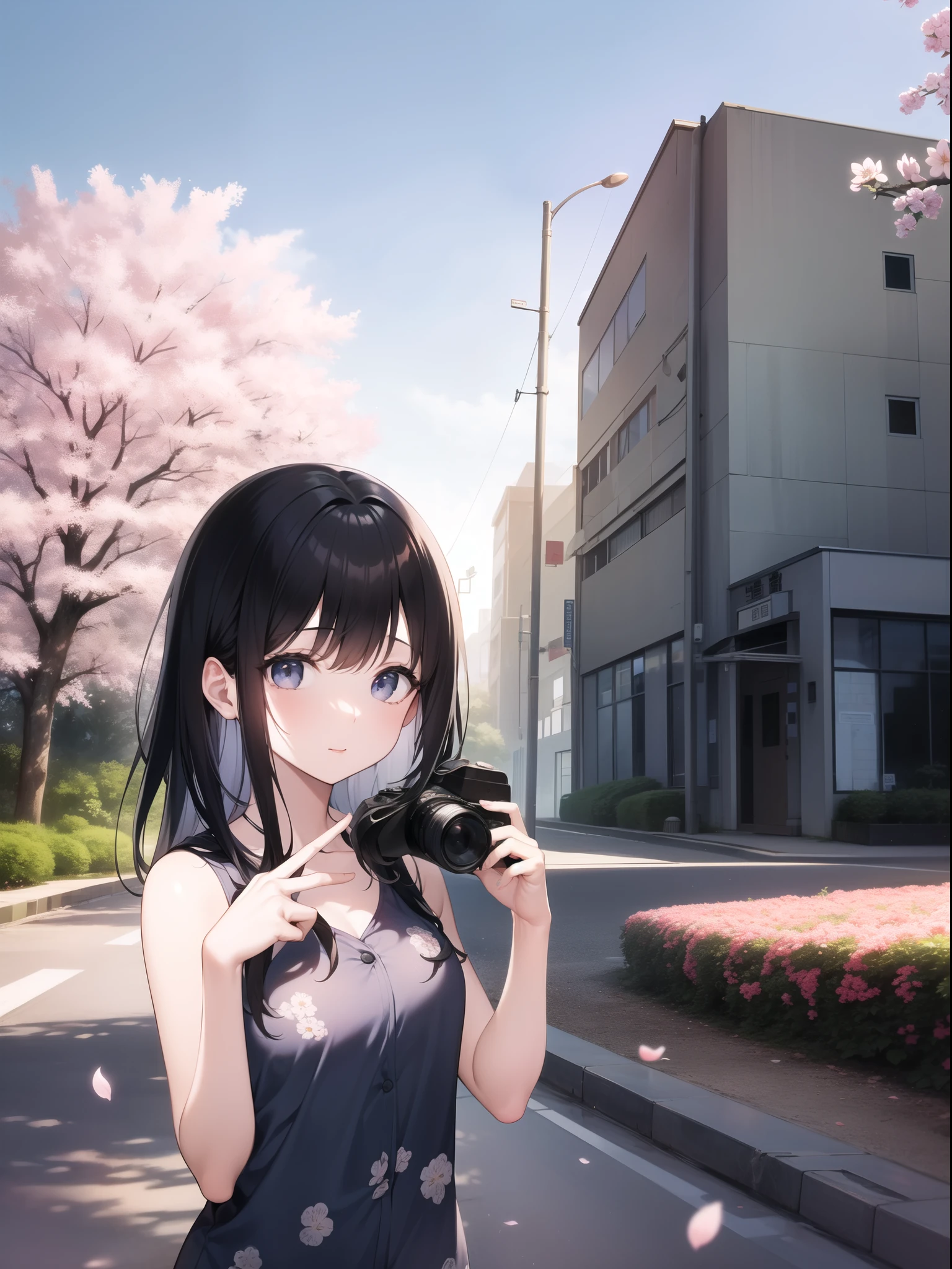 A young woman with shoulder-length black hair、Wearing a grey floral shirt、A detailed illustration of a person making a peace sign while holding a camera。she、Standing in front of a partially abandoned historic building with a domed structure、Cherry blossom trees in full bloom々It is located in a scenic environment surrounded by rivers and。The sky is clear and blue、In the background, several people are enjoying the scenery々There are。