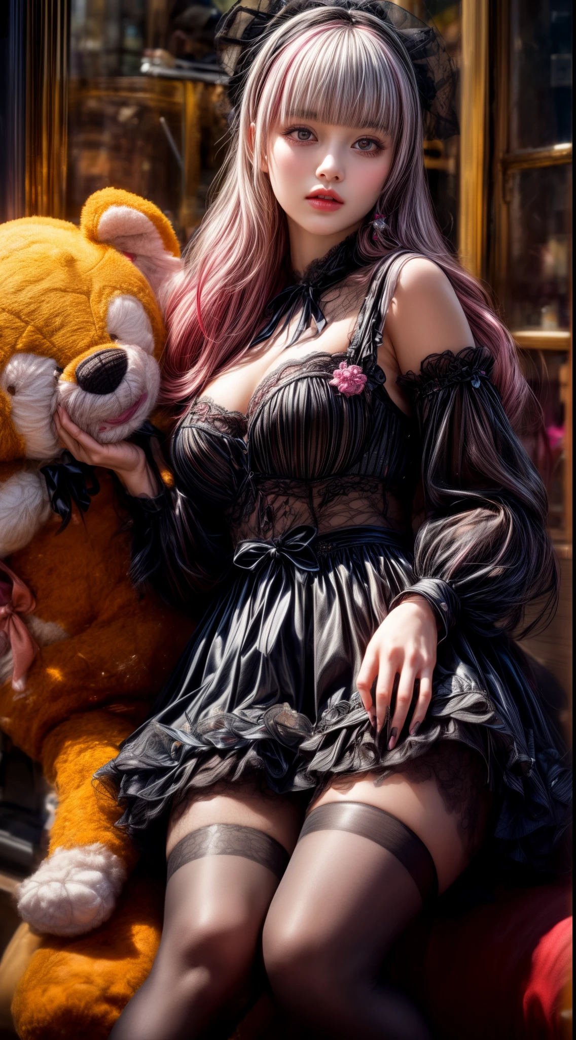 Mature Woman、Pink Hair、Light gray hair、((Two-tone hair))、Black ta dress with delicate pink embellishments、Slender women、Cute Woman、 8K Ultra HD,Detailed face、Delicate texture, Long Hair、(((Blunt bangs)))、(((Drill Hair)))、Tutu skirt、Thigh-length tights、short boots、((Sweet Loli、mini skirt、A room in a Western-style building、((Delicate photo)),(Girl Astepeace RAW Photo Details:1.25), (highest quality:1.6), (超A high resolution:1.5), (Realistic:1.75), 8K resolution, Canon EOS R5, 50mm, Absurd, Super detailed,Cinema Lighting、((stuffed toy:1.25))