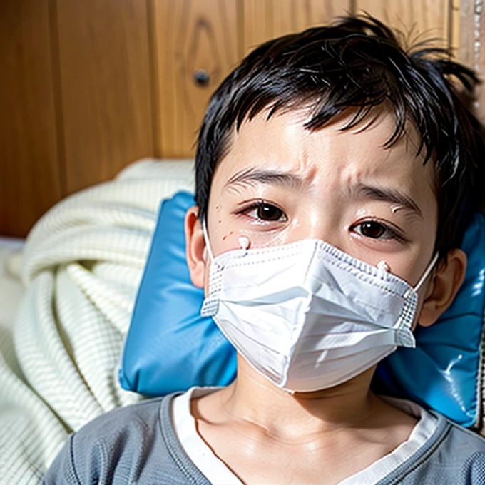 Handsome kindergarten boy with infectious disease、Appearance of suffering. He is wearing a white mask. He has a high fever. he is sleeping. He has a cough. He is exhausted. He is taking his temperature with a thermometer. He is dying. He is cooling his forehead with a cooling gel sheet..Are crying