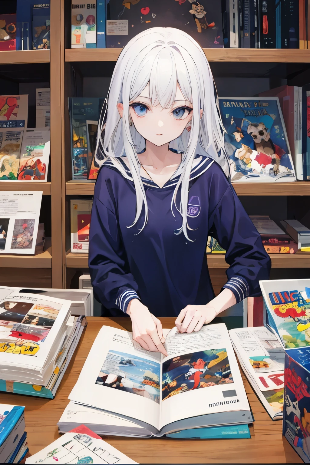 Una chica,Cabello blanco,ojos azules,Orejas de conejo,En un cuarto,hay muchos comics a su lado