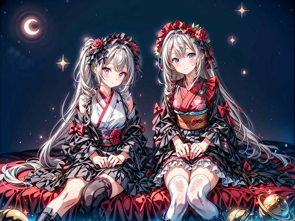 Star Fairy、(masterpiece, highest quality), One Girl, Sitting on the crescent moon、「Beautifully printed galaxy patterned kimono and gothic lolita outfits.、Space Pattern Ruffle Box Pleated Mini Skirt、Frontal portrait、Knee-high boots、Captivating eyes、Perfect and amazing face、Exquisite detail、Clear images、highest quality。」Milky white and light blue gradient long straight hair、