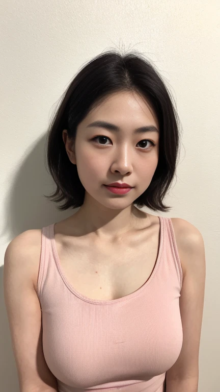 highest quality,masterpiece,Ultra-high resolution,(Realistic:1.4),Beautiful lighting, (Highly detailed CG Unity 8k wallpaper), Beautiful face in every detail,Detailed clothing, 50mm portrait photography, No background、One Girl,Big black eyes, cute, young, Temporarily stop, Facial Lighting, Physically Based Rendering,Written boundary depth , Black Hair, short hair, ((Take from above)), Japanese women、20-year-old、Pink T-shirt、(Big Breasts)、(Upper Body)、Young and beautiful woman taking a selfie, Taken with iPhone camera、In front of a white wall